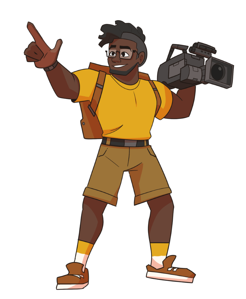 Brock pointing and holding a video camera