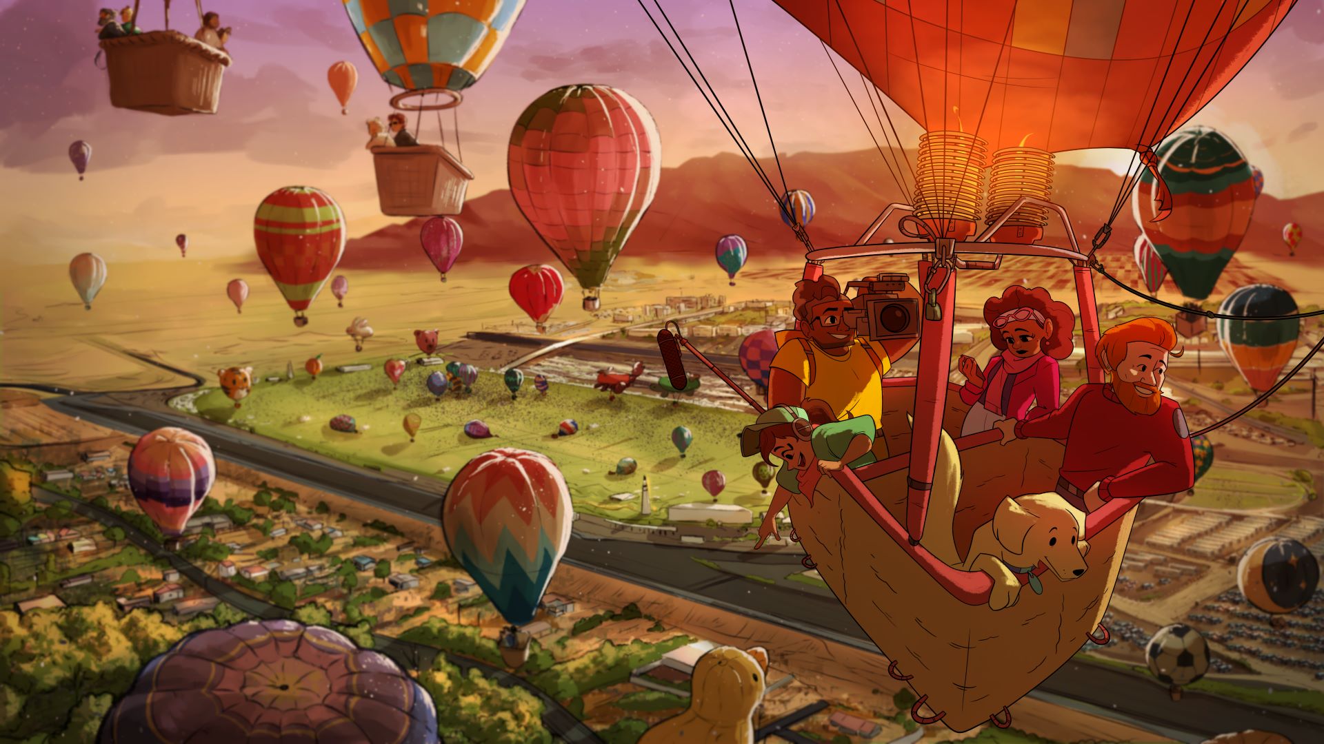 Finished image of characters in a hot air balloon